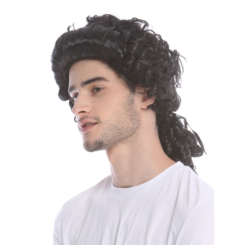 Man Lady Party Wig Baroque noble aristocrat lord curls long ponytail black 91019