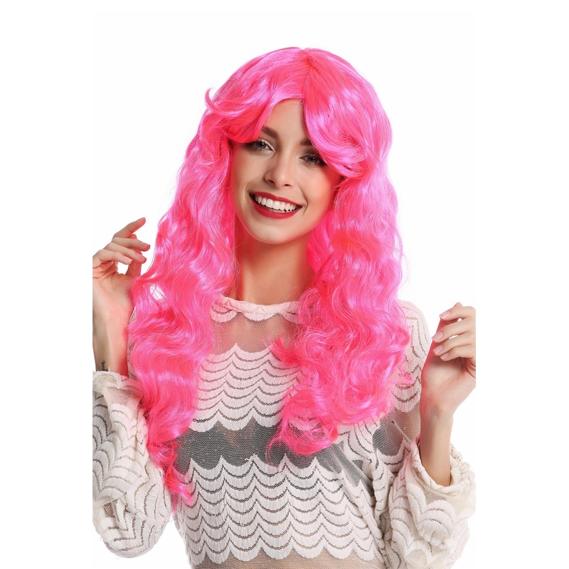 Wig Ladies Women Halloween very long curly curls voluminous pink parting 91249