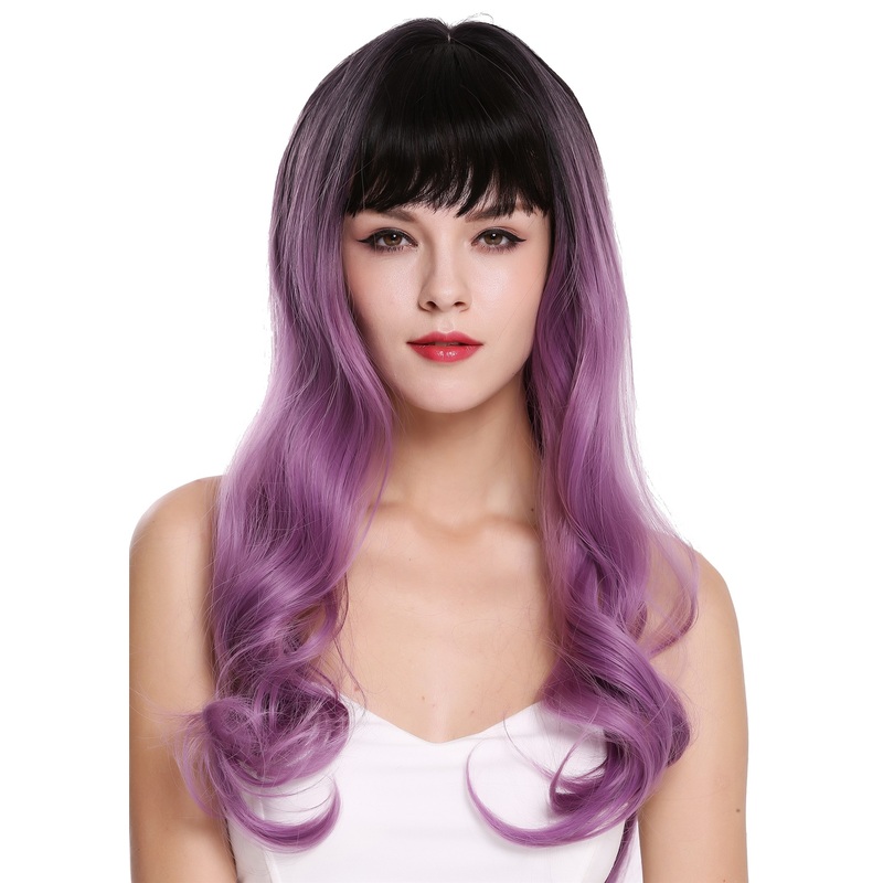 Women’s wig lady long wavy fringe dark brown violet purple mix G1813R
