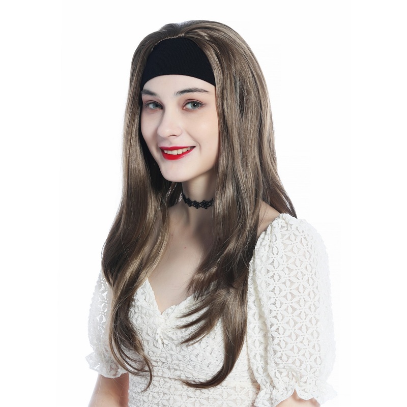 Lady wig half wig black headband cool retro long straight medium brown H9306