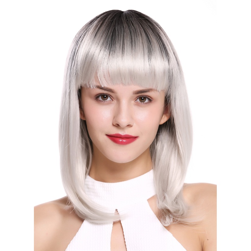 Lady Wig shoulder length Longbob bangs fringe straight black white Ombre DY46A