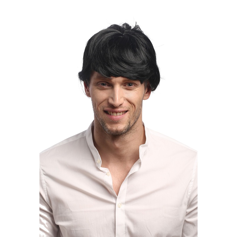 Man Men Party Wig Halloween black short fringe parting to side 91087