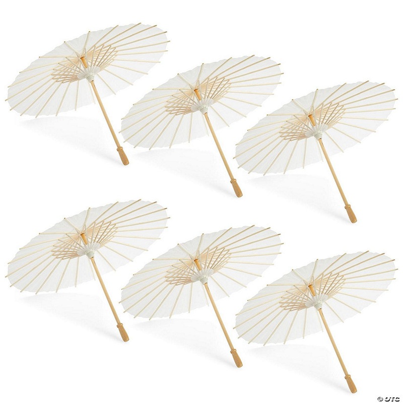 6 Pack Small Parasol Paper Umbrellas for Decorations for Kids, Cocktail Party Decor, DIY Crafts, Sun Parasols Photo Props, White, 16 In