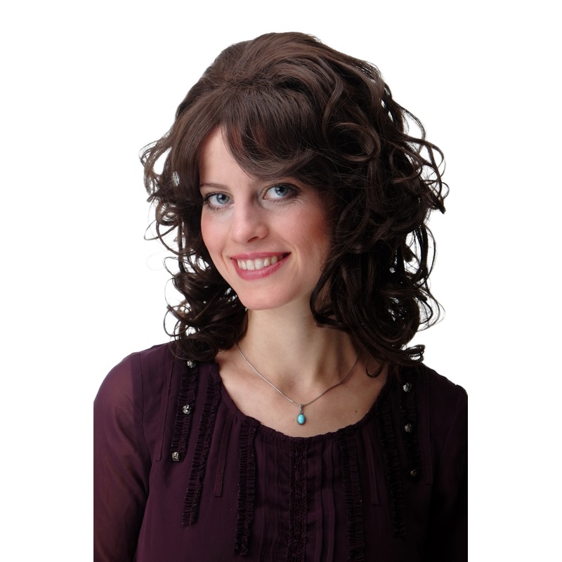 Cute Lady wig shoulder length curled curls bangs fringe voluminous brown F2354