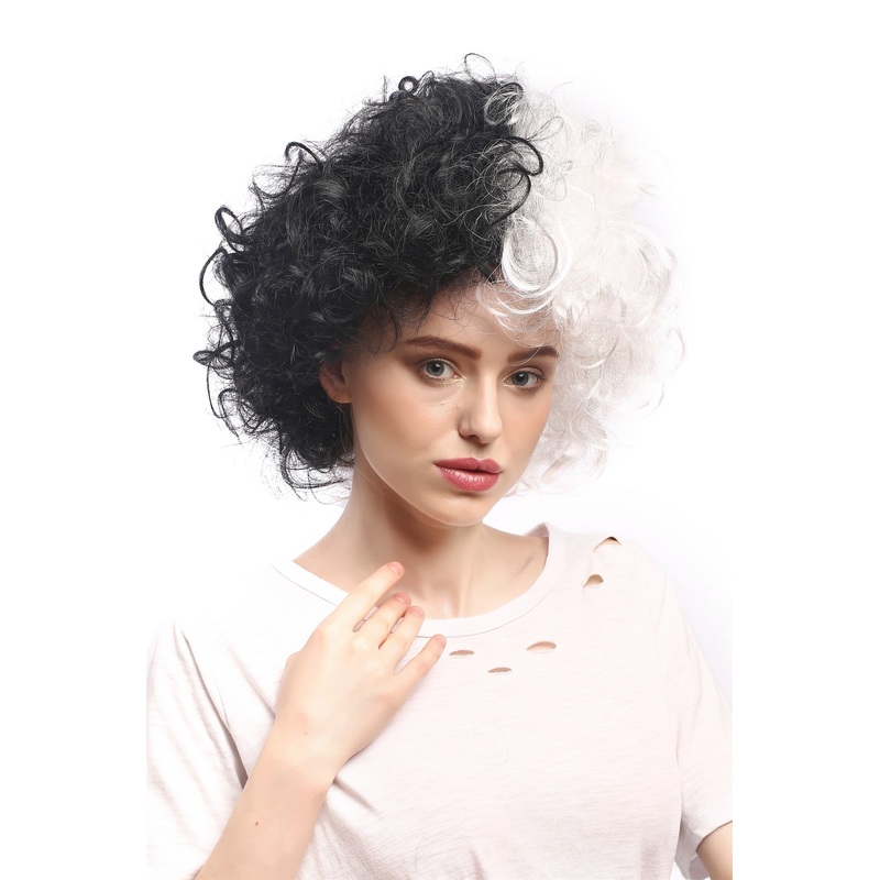 Lady Party Wig Evil Diva Bride of Frankenstein curlyhalf black half white 91344