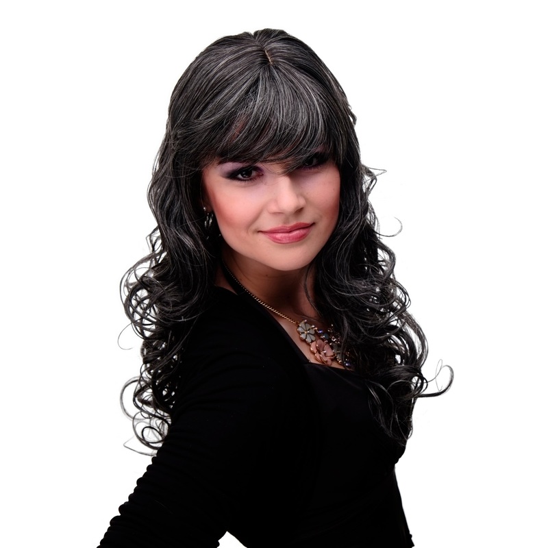 Lady Wig very long curled slightly stringy wetlook fringe dark gray grey M-103-44