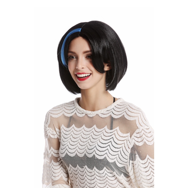 Wig Ladies Women Halloween short Bob Bobo black blue strands at parting 91254