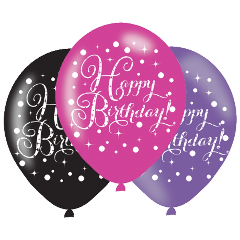 Black Pink Purple Happy Birthday Latex Balloons – 6 Pack