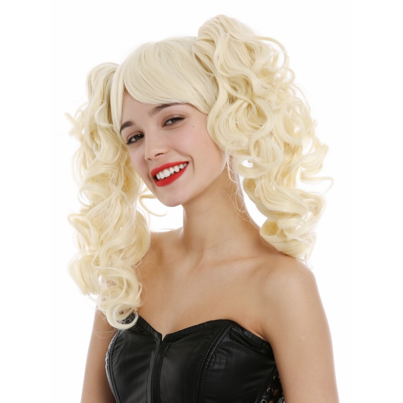 Lady wig Gothic Lolita short sleek 2 long curly pigtails light blonde ZM-1184