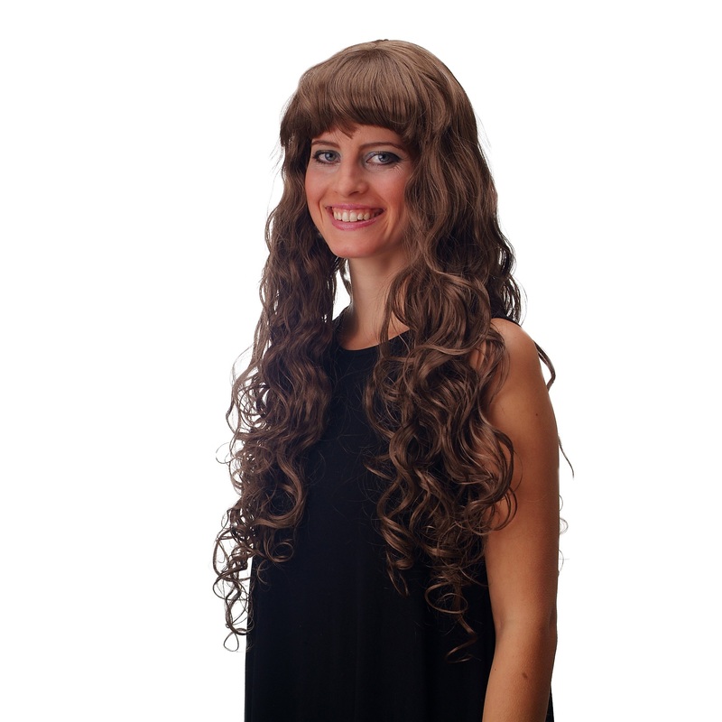 Lady wig very long wavy slightly curled fringe bangs light brown brunette 33002A