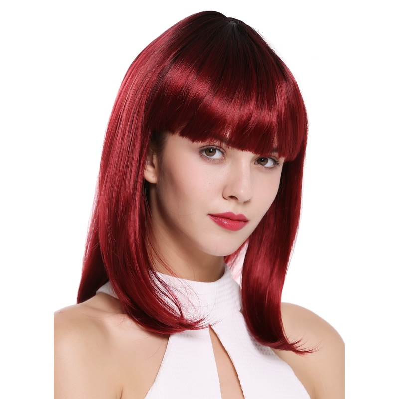 Lady Wig short shoulder length Longbob bangs fringe straight blackr ed DY46A