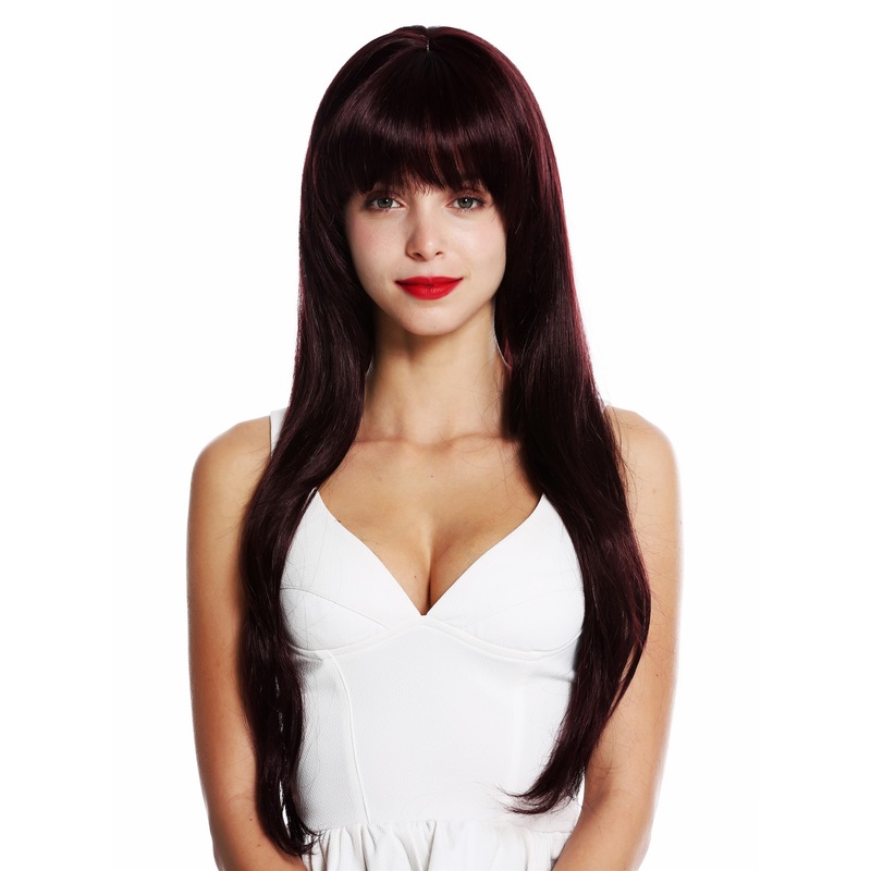 Women’s wig very long sleek layered long fringe bangs Bordeaux red VK-43