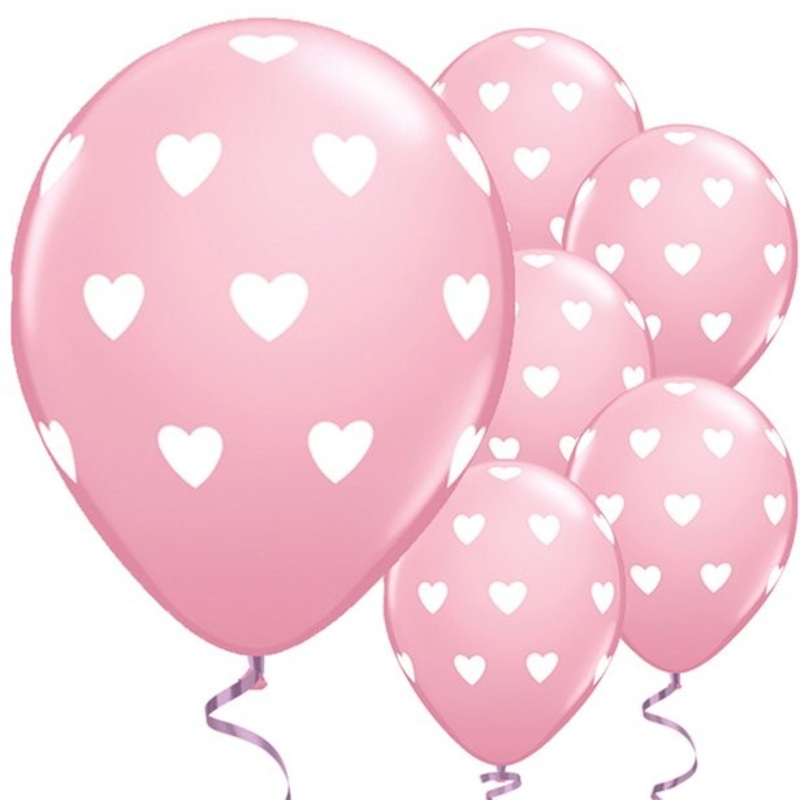 6 pink latex balloons white hearts 27cm