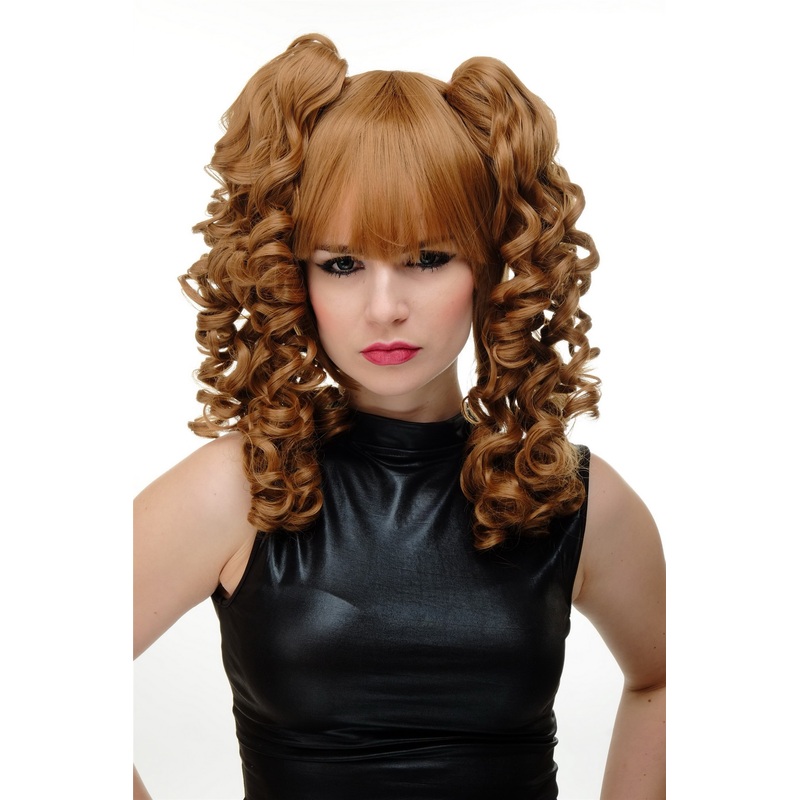 Lady Cosplay Wig 2 ponytails pigtails curled bangs ringlets red blond YZF-7080+A