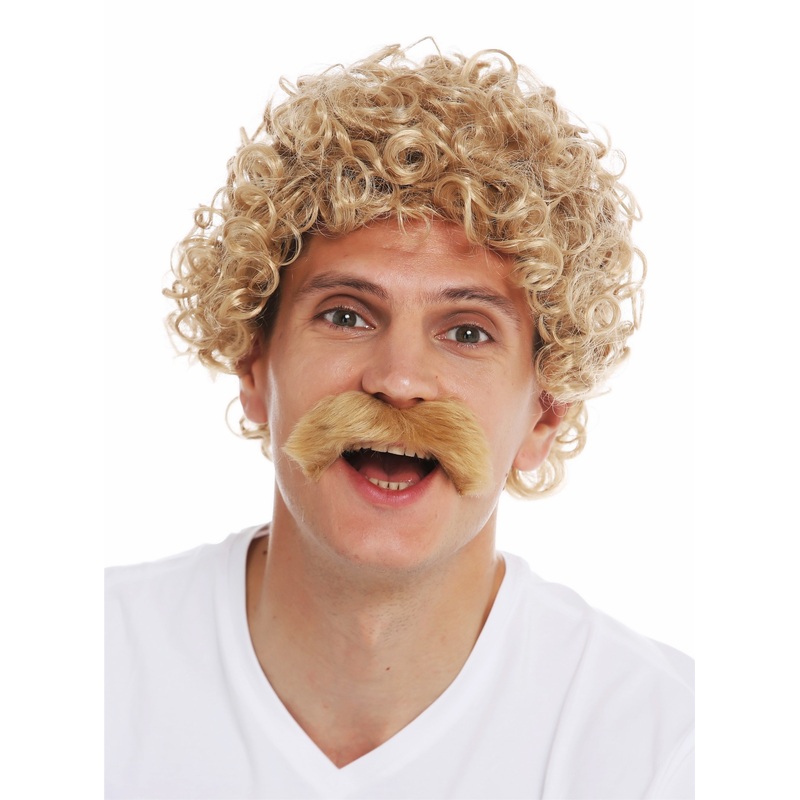 Wig & mustache carnival Halloween man men curly curls blonde 70’s 2191