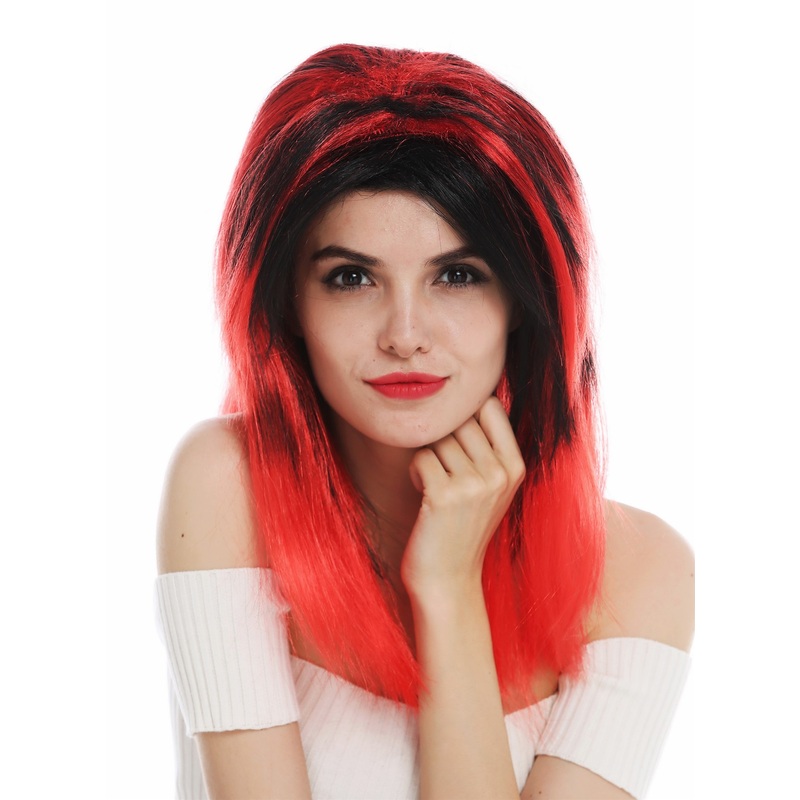 Women’s wig Halloween long sleek middle parting black red highlights devil 63040