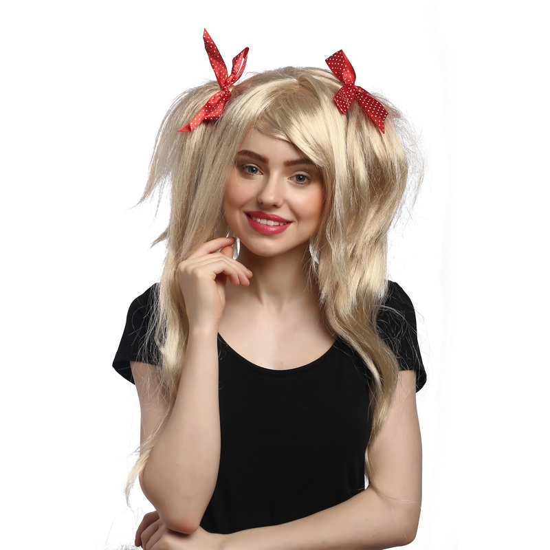Lady Party Wig Halloween blond wild voluminous Lolita pigtails red ribbons 91063