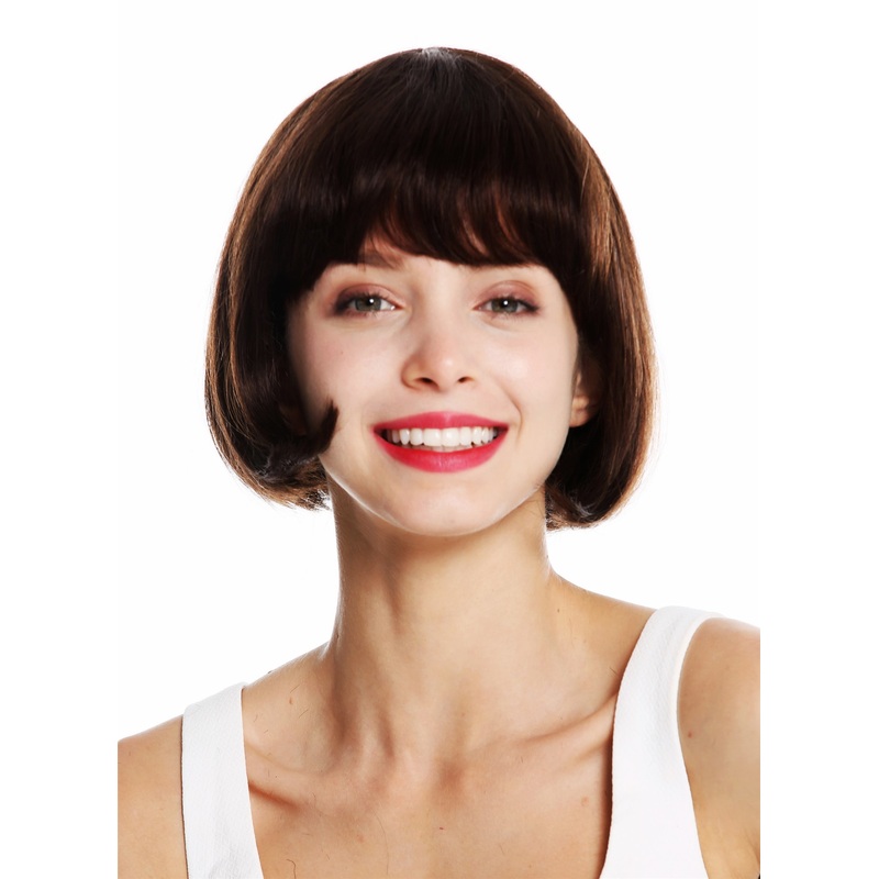 Lady wig real human hair short bob stykle straight bangs brown VK-57-HH