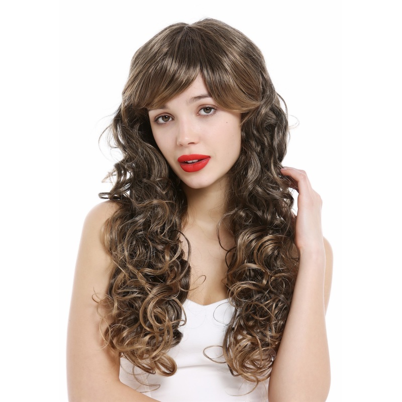 Lady wig very long curled curls dark brown streaked blond highlights tips VK-36