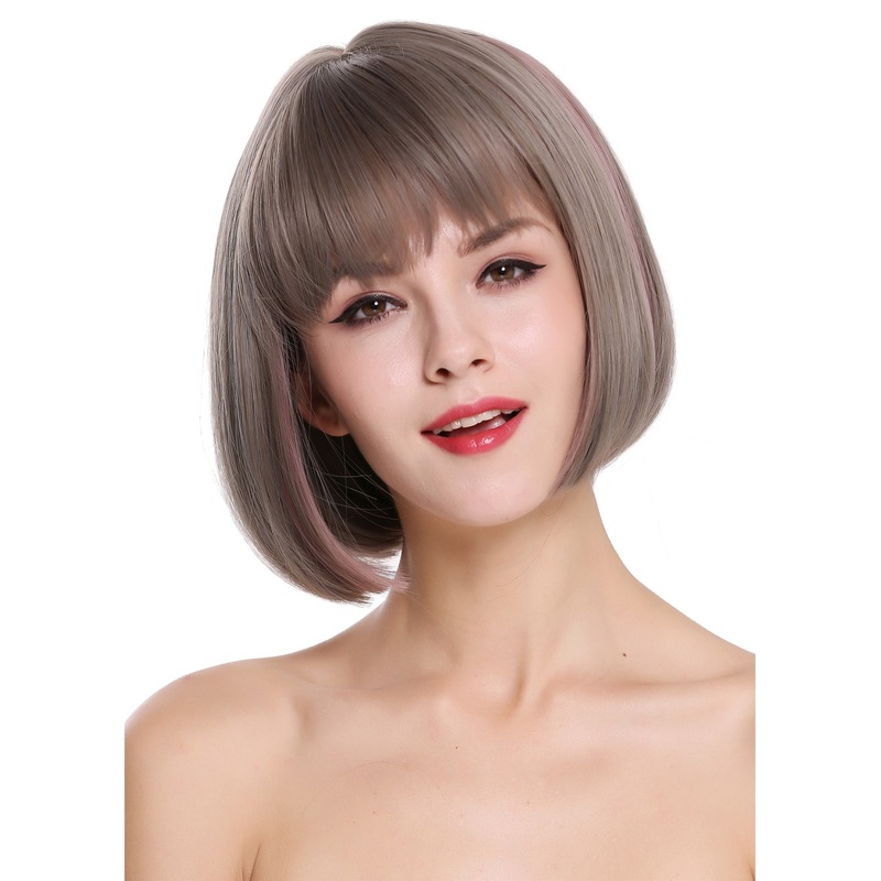 Women’s wig lady bob short sleek fringe grey brown pink mix D3067