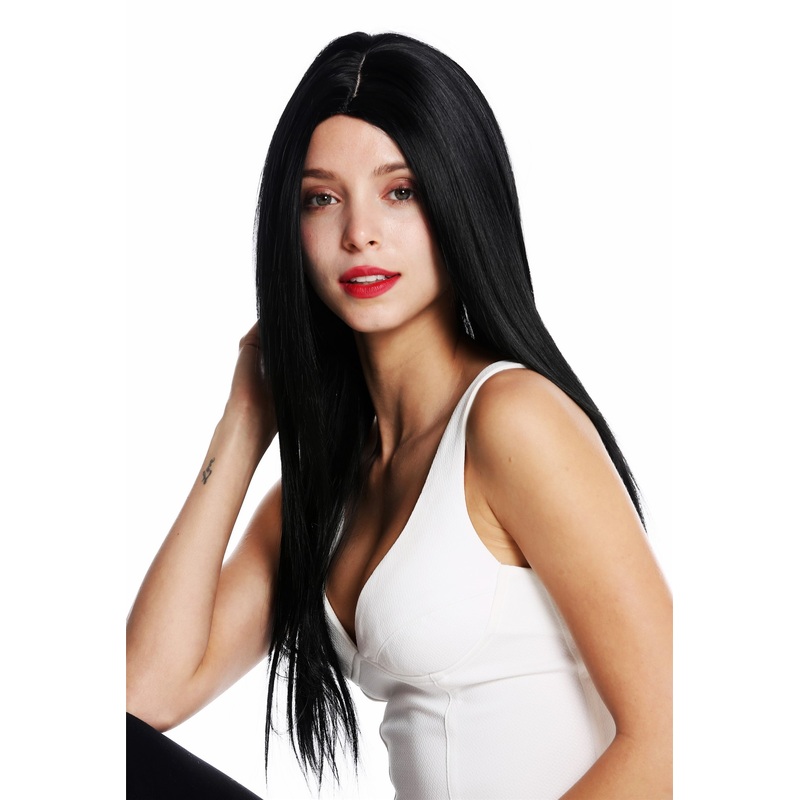 Women’s wig lady wig long sleek layered middle parting deep black VK-34