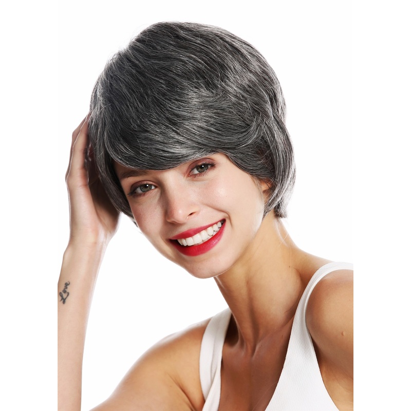 Lady wig short thick hair unisex boyish parted sideways mottled dark grey VK-50