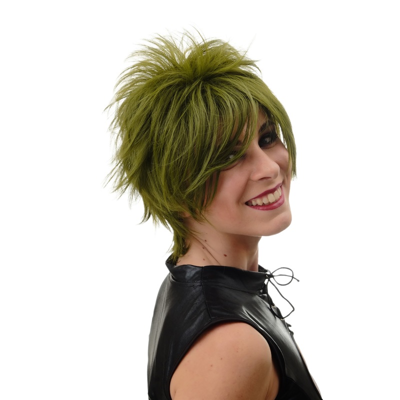 Lady woman wig short retro spiky 80s style teased Wave Punk green BLUE144