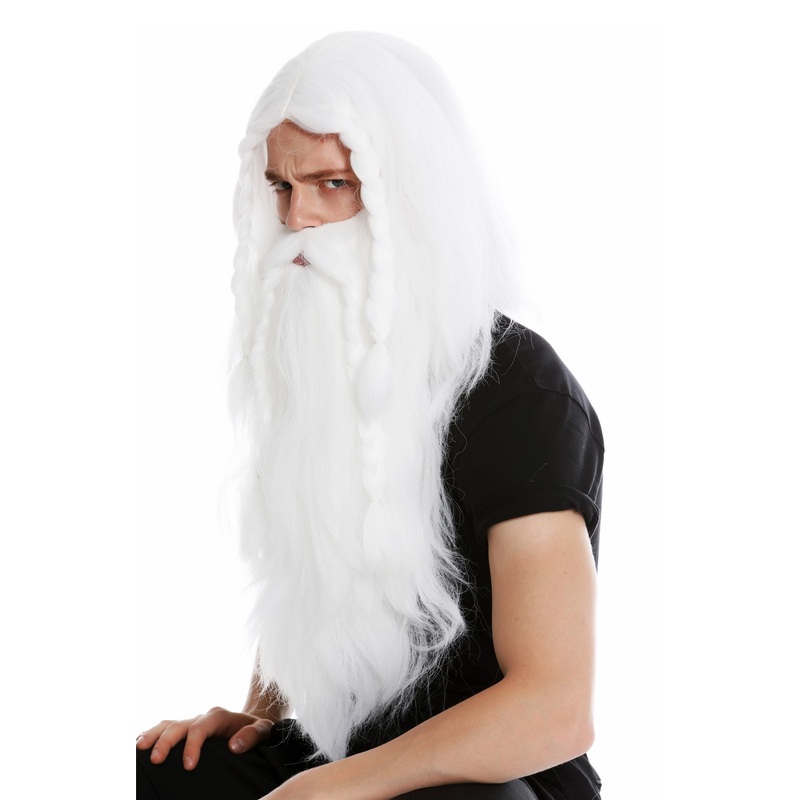 Wig & beard men carnival viking barbarian dwarf white old long plaited RJ033