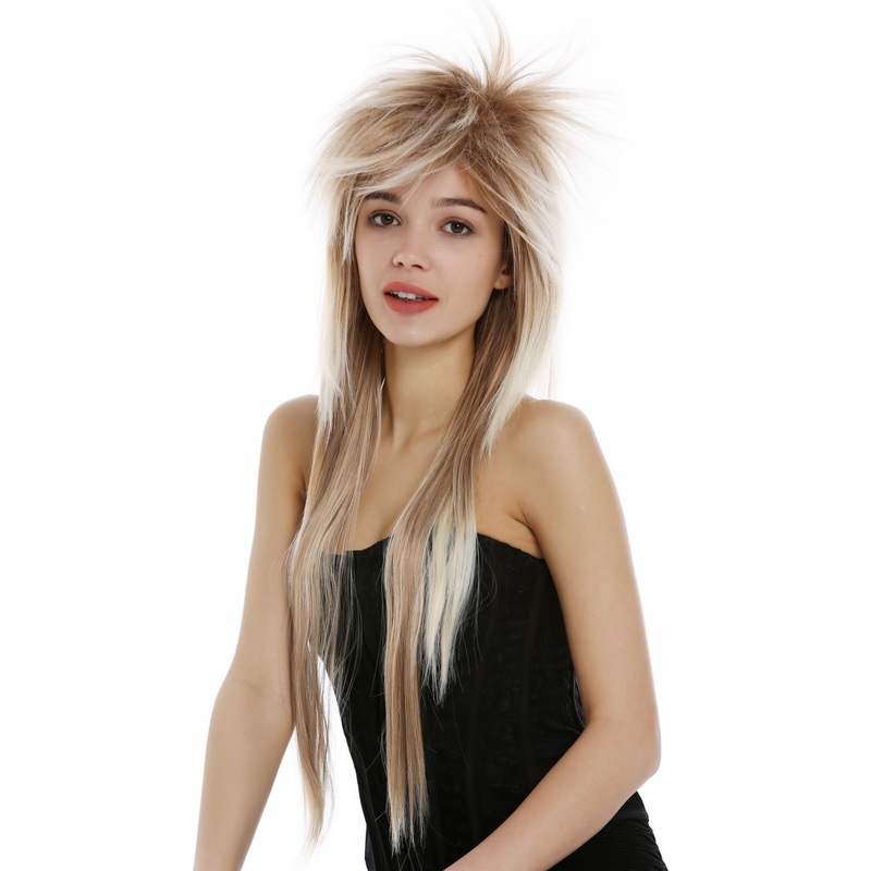 Wig ladies men long wild punky 70s 80s glam rock style teased  blond mix 9666