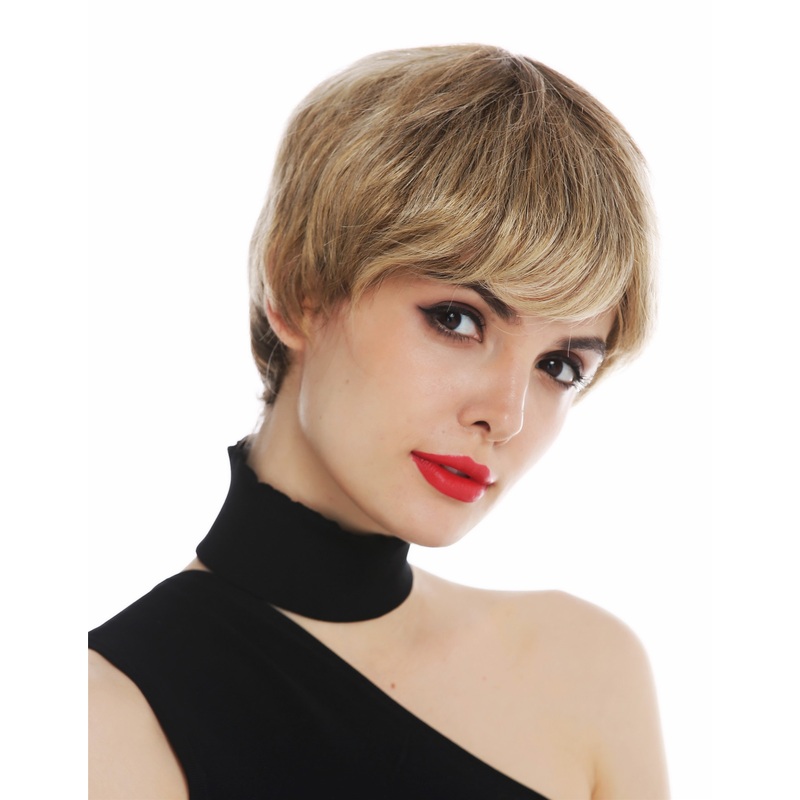 Women’s wig short pixie cut sleek brown copper blonde highlights  C-SM