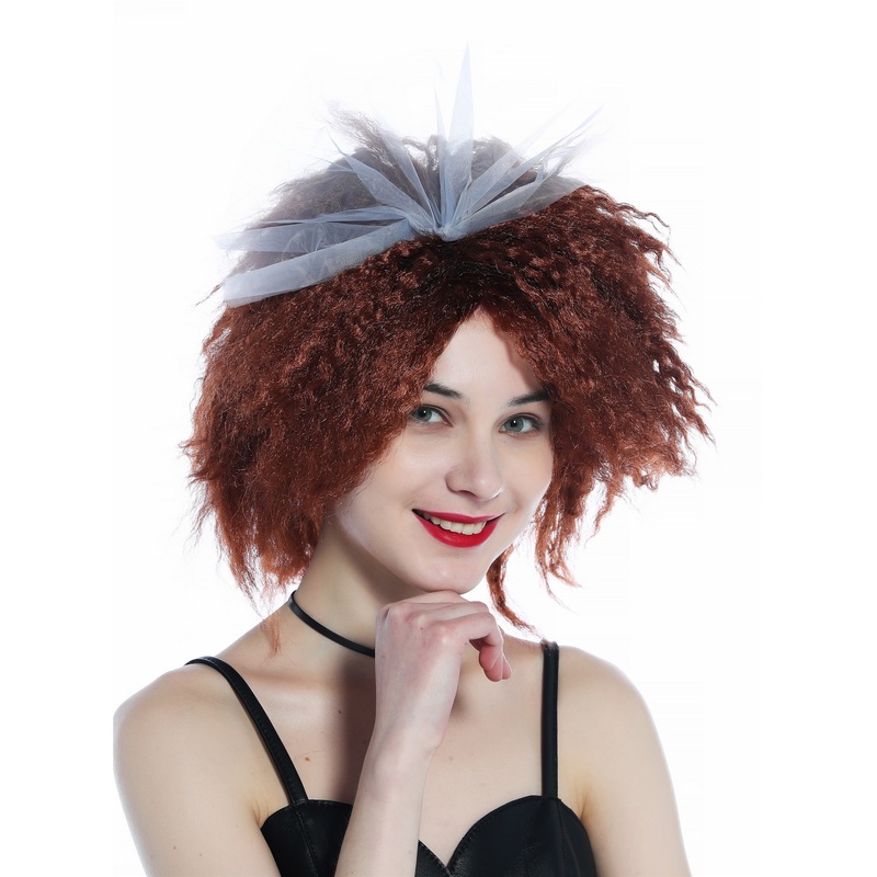Women’s Wig brown curly kinked kings voluminous tulle bow 80s retro look 91874