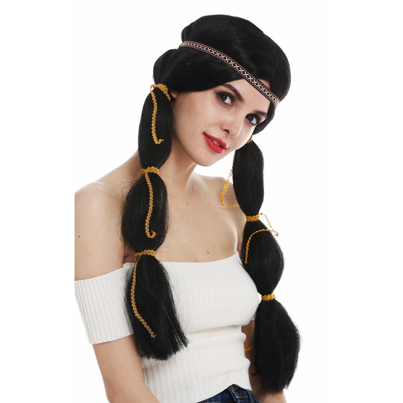 Women’s wig lady long Native American Wild West braids black head band SARL087