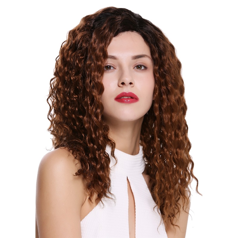 Women’s wig lady side parting afro curls curly ombre black copper brown 803AD