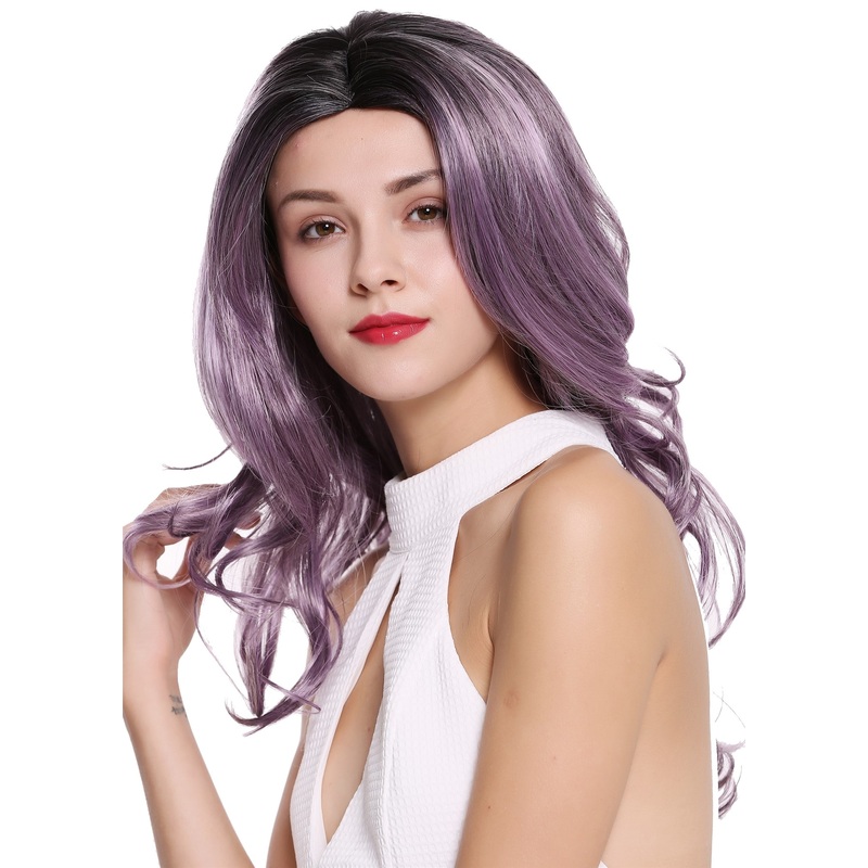 Women’s wig long wavy soft curls middle parting ombre purple black DW1595