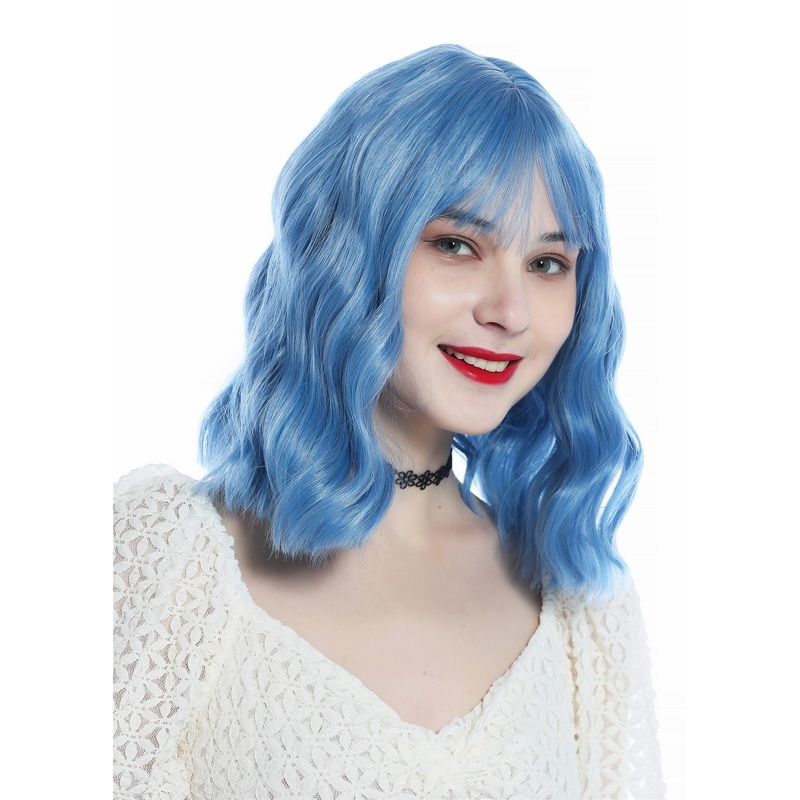 Ladies’ wig cute shoulder-length bands wavy blue with white streaks ZL0851