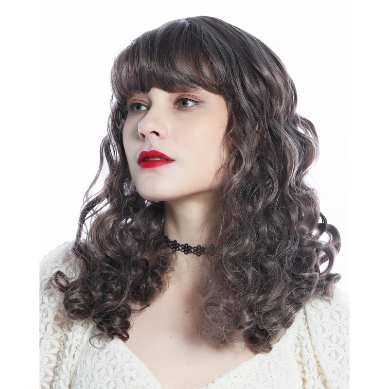 Lady wig curled bangs long voluminous wild mix violet red grey brown SZL0869