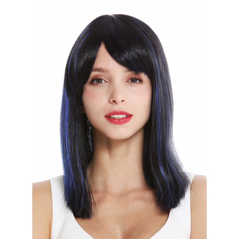 Lady wig shoulder length sleek longe fringe parted black blue highlights VK-5