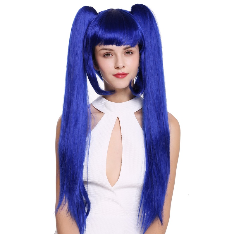 Lady Women Wig Cosplay Lolita 2 long pigtails ponytails removeable blue ZM-1708