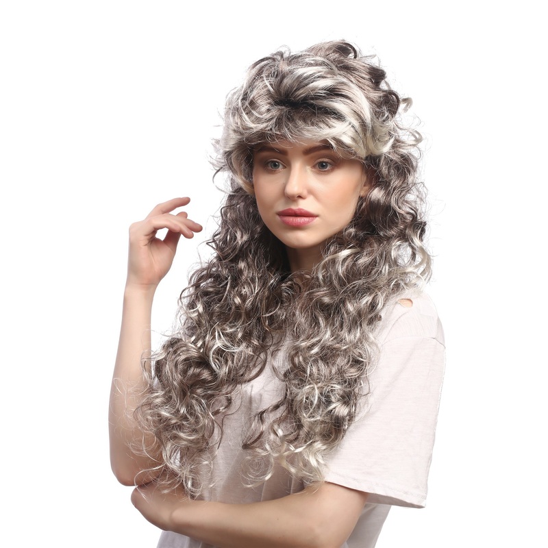Men Party Wig historic Baroque Lord King Louis brown grey curls volume DH1562