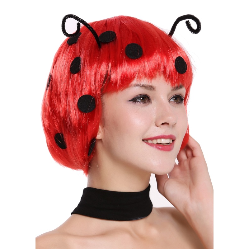 Super Cute Lady Party Wig Ladybug Ladybird red Bob black dots antennas  91574