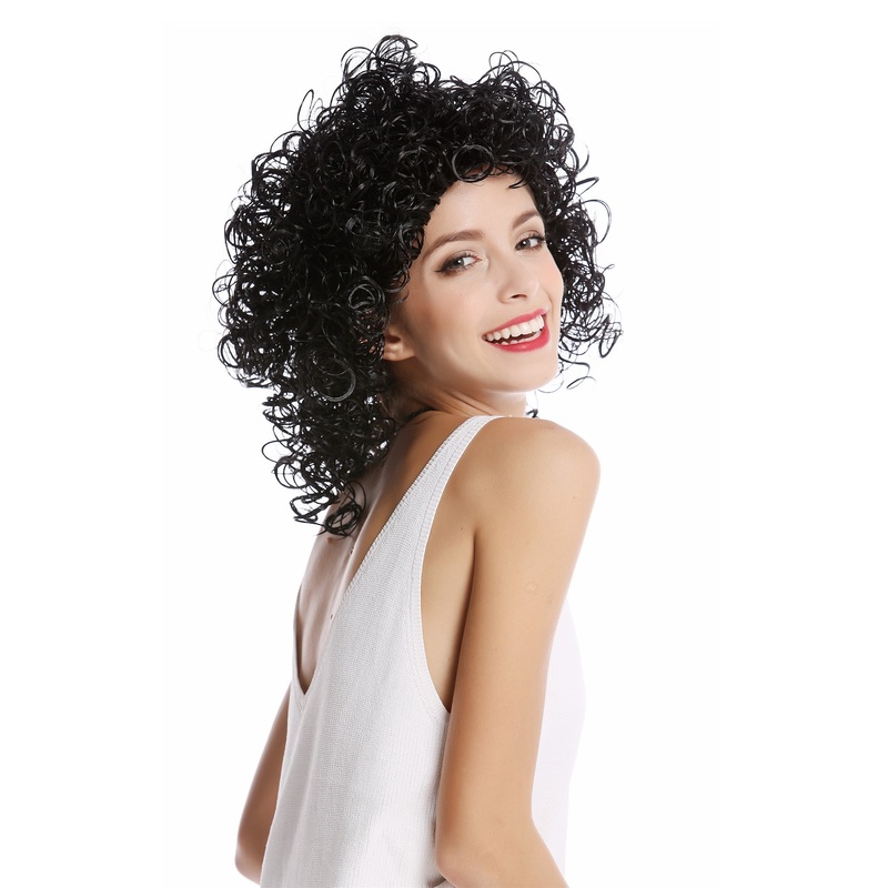 Wig Ladies Women short to medium length curly curls wet look Latina black 91151