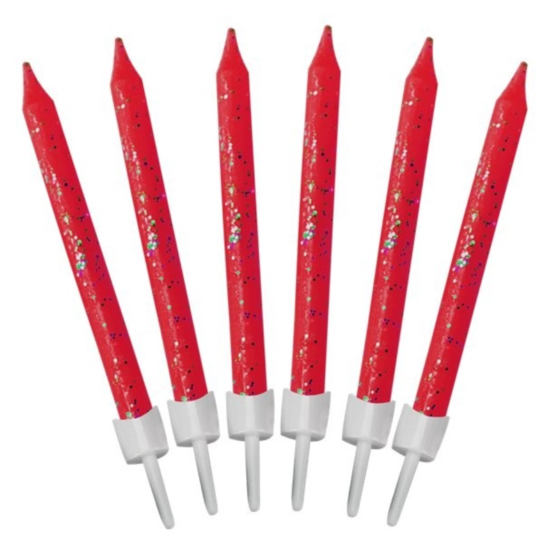 12 red glitter cake candles 6.5cm