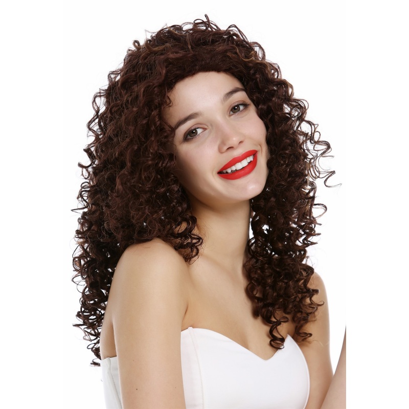 Lady Wig long curly voluminous curls curled dark auburn blond highlights VK-35