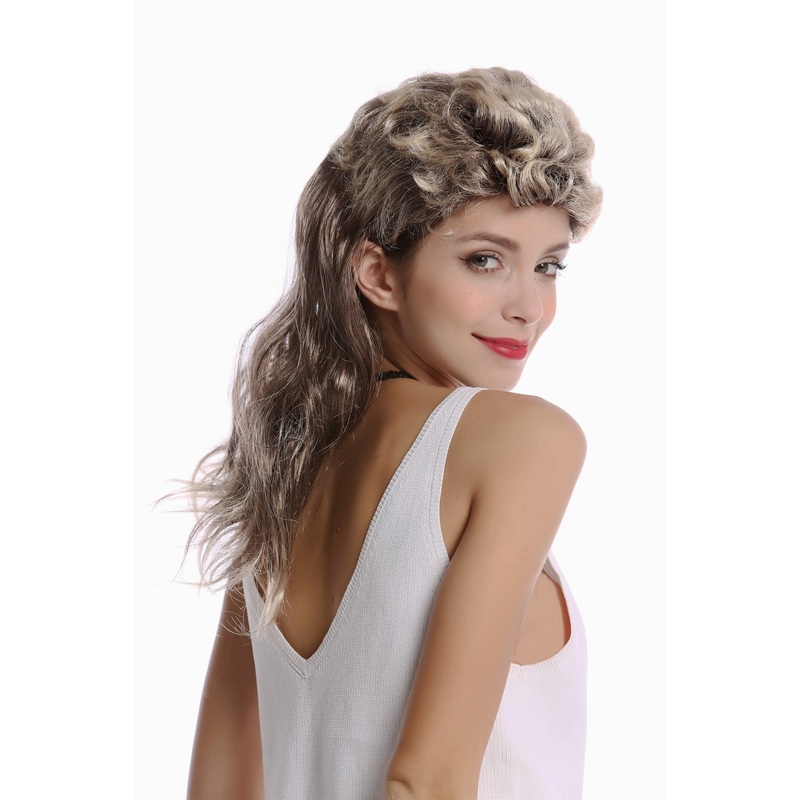 Wig Ladies Men Halloween Carnival mullet teased brown blond streaks 80s H20