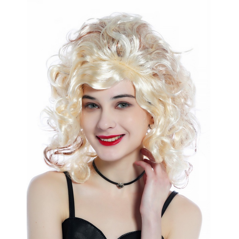 Lady Wig curly teased side parting beehive bright blond mahogany streaks 91873