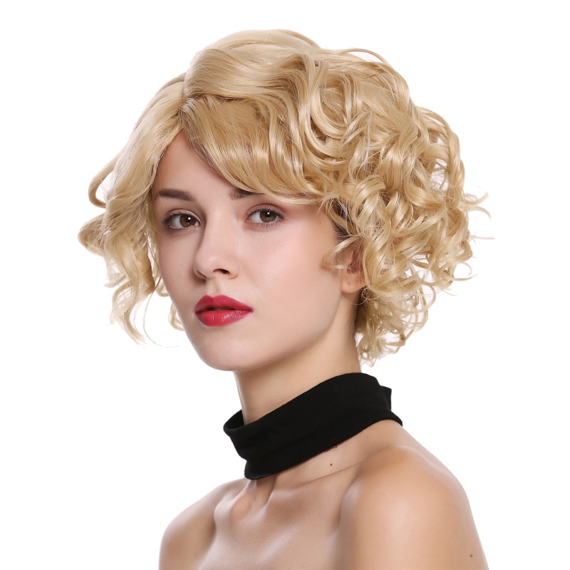 Lady women wig short wild wavy curls curled blond platinum highlights MINA