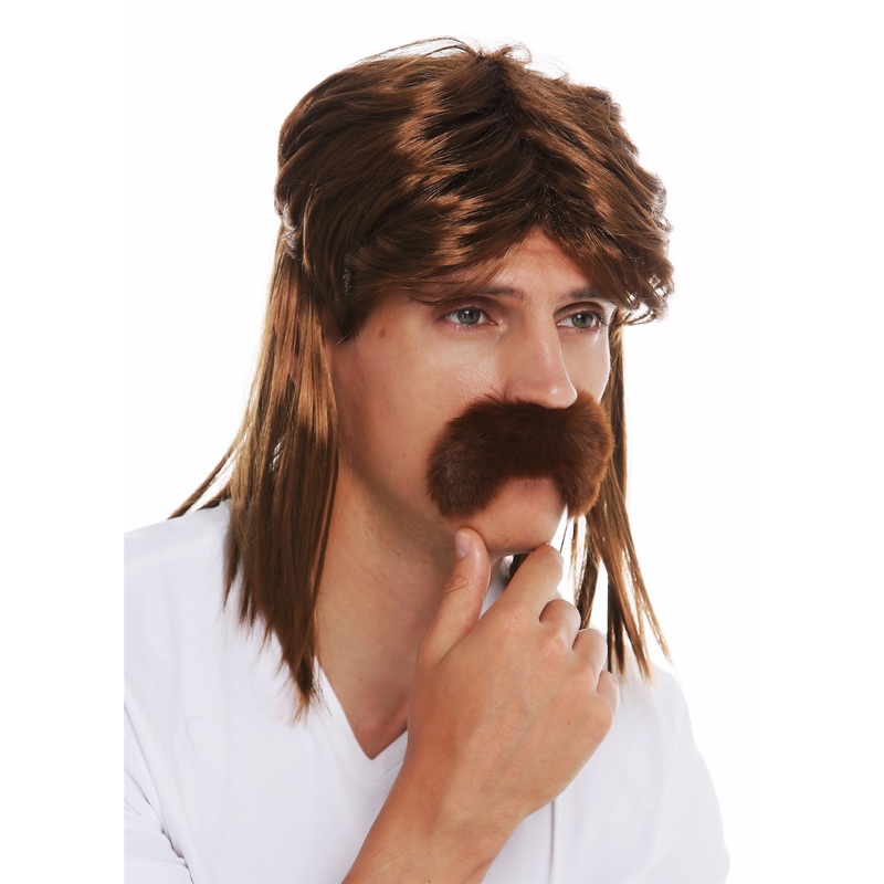 Wig & Moustache Halloween carnival men pleb mullet 70’s 80’s Gaul brown SARL062