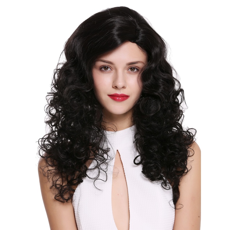 women’s wig long voluminous side parting curls pomp black 1355AB-2