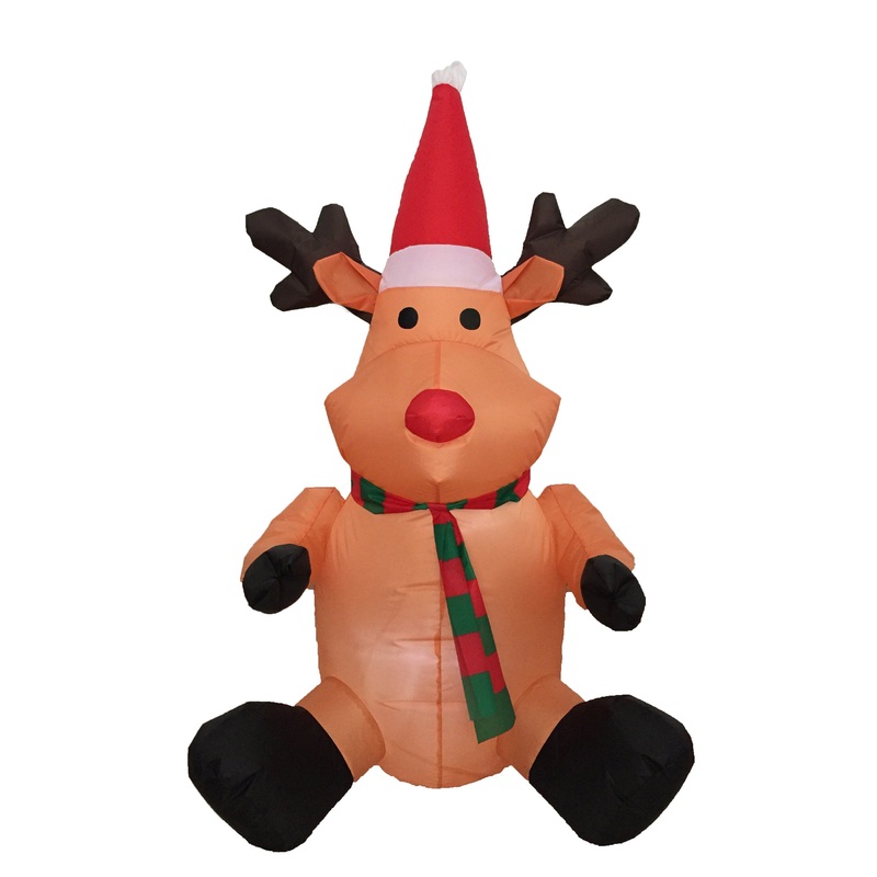 4FT Christmas Sitting Reindeer with Scarf, Blow up Party Decoration for Home Yard Lawn