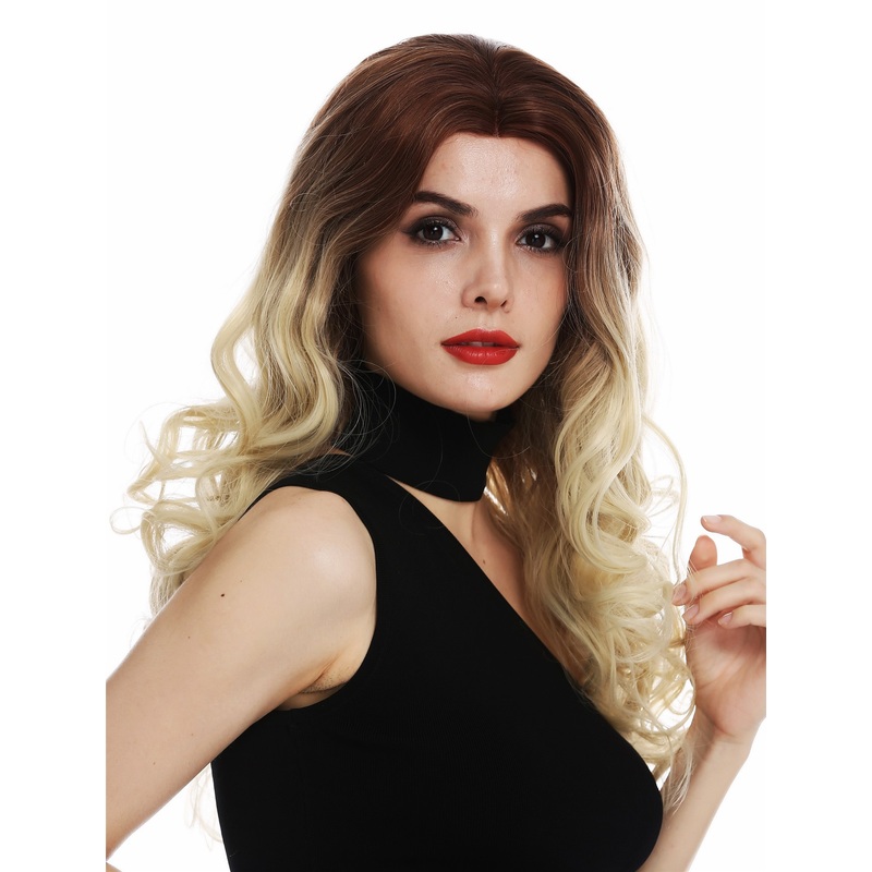 Lady wig lace front long curls middle parting ombre brown blonde mix TYM-759A-LF